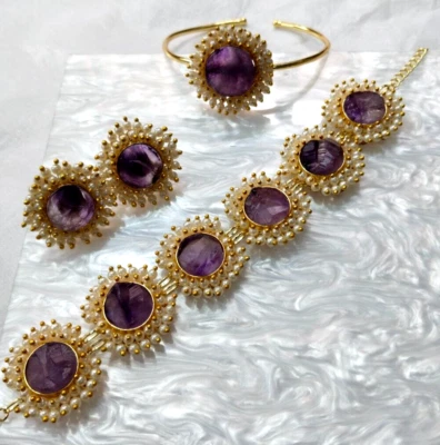 Conjunto de collar de amatista collar de amatista con tachuelas y brazaletes joyería de amatista. Foto 1 de 4