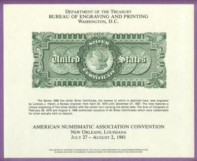 BEP 1981 ANA Conv. New Orleans B54 Proof Souvenir Card 1886 $5 Silver Cert. Rev. - Image 1 of 2