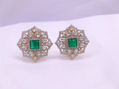 925 Sterling Silver Lite Weight Moissanite Polki With Labmade Emerald Earring - Image 1 of 4
