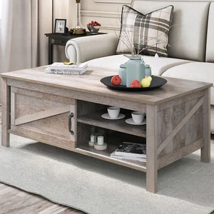 Farmhouse Coffee Table with Adjustable Shelves & Sliding Barn Doors Living Room - Picture 1 of 9