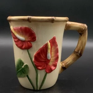 Pacific Rim Tiki Bamboo Coffee Mug Cup Floral Floral Red Laceleaf Anthurium - Picture 1 of 11