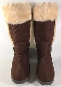 American Eagle Wedge Heel Winter Boots Size 9 Faux Suede Faux Fur Dark Brown - Picture 1 of 11