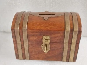 Vintage rare Money Box Saving Brass Wooden Hand Made Decor Small Box Trinket - Picture 1 of 12