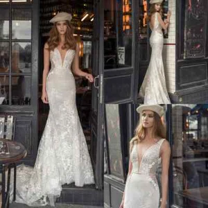 Lace Mermaid Wedding Dresses Lace Appliqued V Neck Sweep Train Backless Bridal - Picture 1 of 9