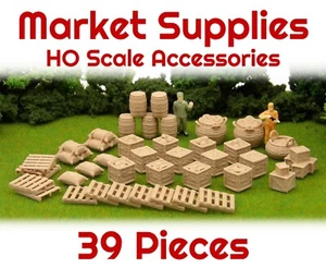 39 Piece HO Scale Market Supplies - Detailed 3D Model Railroad Train Scenery - Picture 1 of 6