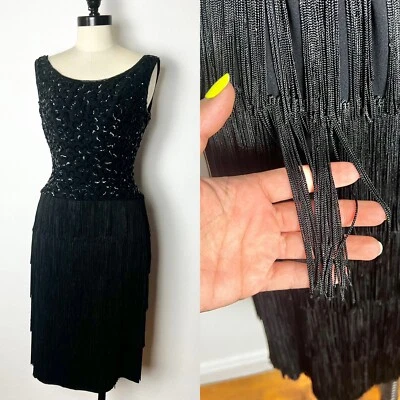 SEQUINED FRINGE Soutache Black 50s 1950’s Vintage Junior Theme Cocktail Dress S - Image 1 of 4