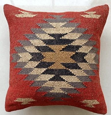 Handmade Jute Throw Kilim Cushion Cover Vintage Jute Rug Pillow Case 18" Square - Image 1 of 4