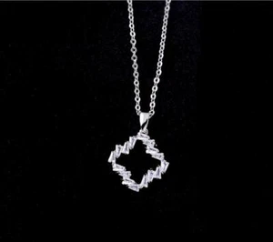 Pave Cubic Zirconia Silver Flower 4-leaf Clover Simulation Pendant Necklace - Picture 1 of 2