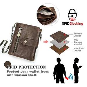 Contacts Men's RFID Oil Leather Wallet Photo Coin 7 Card Holder Anti-Theft Chain - Picture 1 of 10