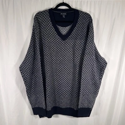 Suéter Jos A Bank Mezcla Lana Para Hombres 2X Azul Tejido a Cuadros Cuello en V Manga Larga Pullover Foto 1 de 4