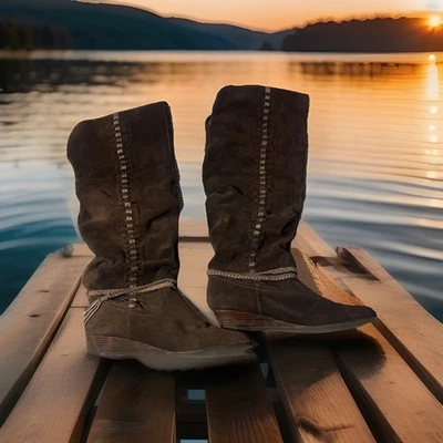 Botas de gamuza Bakers cuña hasta la rodilla para mujer 8,5 Boho lado occidental cuero tejido Foto 1 de 4