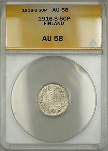 1916-S Finland 50P Pennia Silver Coin ANACS AU-58 - Picture 1 of 2