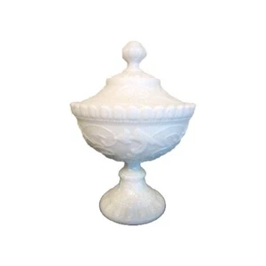 Portieux Vallerysthal Pedestal Dish w Lid Chimeres White Opaline Glass Dragon - Picture 1 of 8