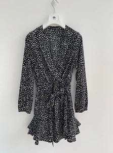 Mini Dress Mono Print Black White Short Wrap Wrapover Spotty UK 12 - Picture 1 of 8