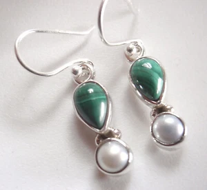 Malachite Marquise and Cultured Pearl 925 Sterling Silver Dangle Earrings - Picture 1 of 2
