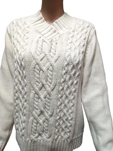 Westbound Women’s Ivory Cable Hand Knit Cotton Blend Sweater V-Neck Sz Large - Picture 1 of 3