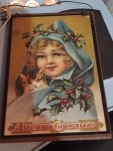 Wooden Merry Christmas 4 x 6 Old Fashion Postcard  Wire Hanging Xmas Ornament  - Picture 1 of 4