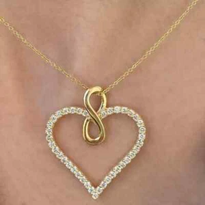 0.90Ct Lab Created Diamond Round Heart Pendant Valentines 14K Yellow Gold Finish - Picture 1 of 3