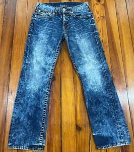 True Religion Straight Jeans W/ Flap Pockets Brn Gld Big T Blue Washed Size 33 - Picture 1 of 11