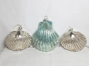 Set of 3 Glass Clam Shell Ornaments Seafoam Green Peach Silver Sparkly  - Picture 1 of 10