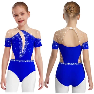 Girls Short Sleeve Leotard Dance Bodysuit Sparkle Rhinestones Skating Dancewear - Picture 1 of 75