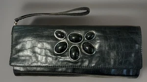 Elegante portafoglio pelle nera pochette con pietre onice nero lucido vintage NUOVO - Foto 1 di 7