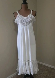Vintage 50s Full Slip Dress Pleated Chiffon Lace Bridal White Twirl Sz 38 Sheer - Picture 1 of 11