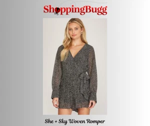 She + Sky Long Sleeve Woven Print Romper With Plisse Detail ~ NWT! (SB1372) - Picture 1 of 5