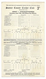 County Championship Scorecard 10 June 1950 (The Oval) SURREY v. NORTHAMPTONSHIRE - Picture 1 of 1