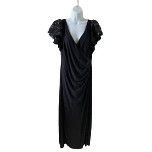 Lauren Ralph Lauren Black Gown with Sequin Flutter-Sleeves Womens size 16 - Picture 1 of 7