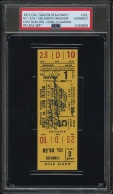 11/1/72 NY ISLANDERS Franchise 1st ROAD WIN Signed G. DESJARDINS Full Ticket PSA - Image 1 of 2