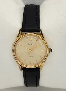 Ladies Timex Q Gold Tone Black Leather Band Analog Watch I6 - Picture 1 of 9