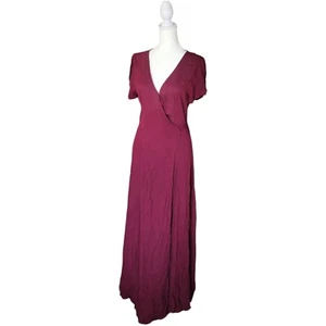 Lulus Wrap Maxi Dress Womens Small Burgundy Flutter Sleeve V Neck Wedding Guest - Picture 1 of 11