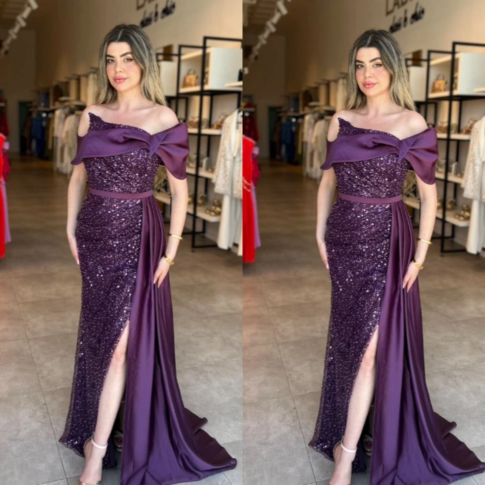 Purple Evening Dresses Party Formal Off Shoulder Sequined Split Long Prom Gowns - Image 1 of 4
