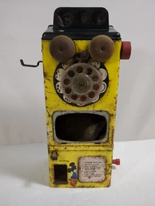 Vintage Disney Tin Metal Pressed Steel Mickey Mouse Yellow Play Pay Phone Wind U - Picture 1 of 13