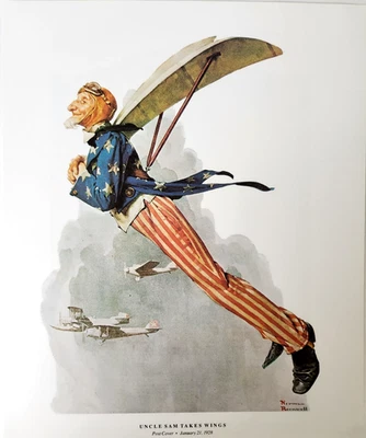Impresión de libro a doble cara Uncle Sam Takes Wings Norman Rockwell vintage 1990 Foto 1 de 4