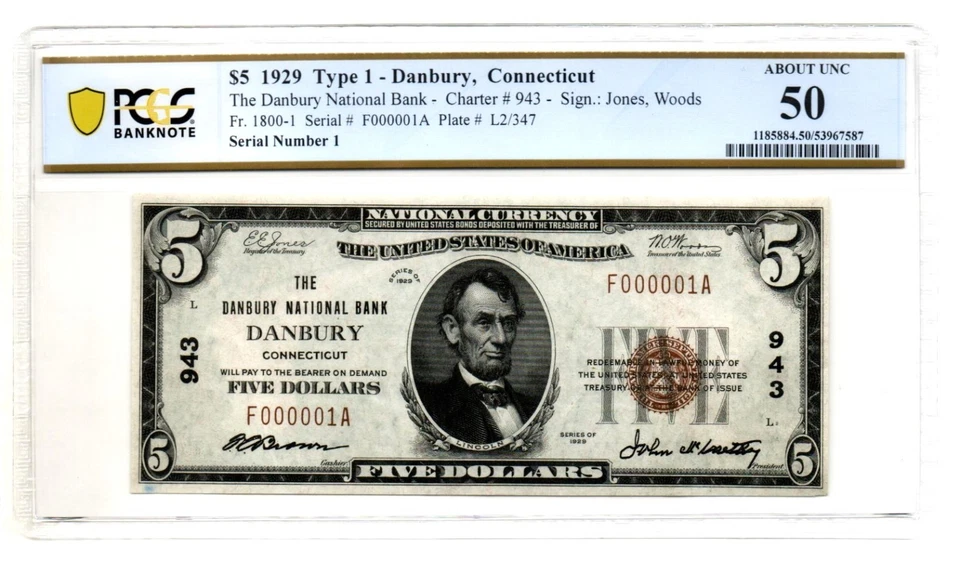 Fr. 1800-1 Danbury, CT 1929 Type 1 Note Serial Number 1 Ch #943 PCGS AU 50 - Image 1 of 2