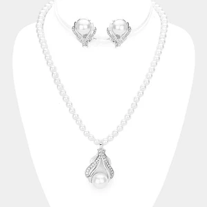 Juego de collar y pendiente vintage clip en plata y blanco perla corte flor - Imagen 1 de 4