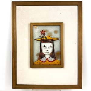 Mid Century Higgins Emaille auf Glas Kunst Mädchen im gelben Hut signiert - gerahmt 50er - Bild 1 von 9