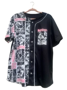 Walt Disney Mickey Mouse Jersey Button Up Polo Shirt Print Sz Large. Black/Pink - Picture 1 of 6
