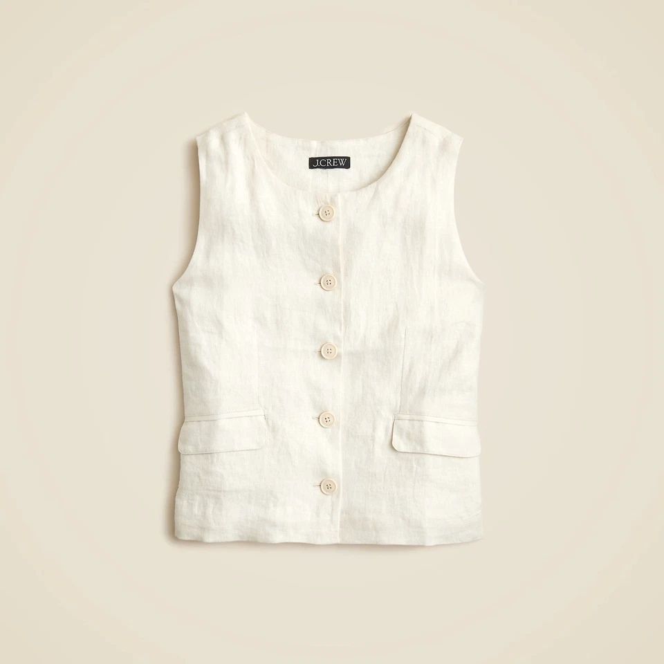 ¡¡NUEVO CON ETIQUETAS!! J. CREW Chaleco Cuello Redondo Lino Natural Solapa Bolsillos Corbata Cintura Retro Talla 4 Foto 1 de 4