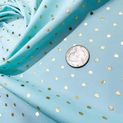Printed Golden Polka Dots Blue backgroud Stretch Fabric Swimsuit Spandex By Yard - Image 1 of 4