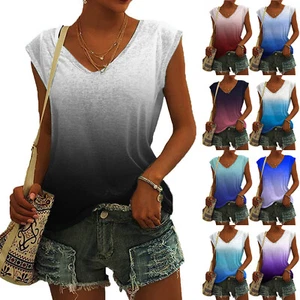 Womens Summer Gradient Tops V Neck Loose Casual Short Sleeve Tunic Shirts Blouse - Picture 1 of 51