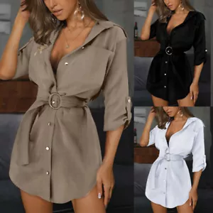 Women Summer Button Mini Shirt Dress Ladies Casual Loose Long Sleeve Blouse Tops - Picture 1 of 21