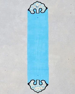 83.75" Antique Chinese Blue Embroidery Table Runner w/ Butterfly, Bats & Flowers - Picture 1 of 12