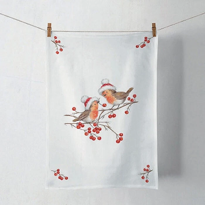 AMBIENTE Küchentuch 1er Pack Geschirrtuch ca.50x70cm Baumwolle Christmas Robins