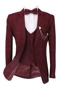 Boys Windowpane Check Burgundy 6 PC Suit Set, for Weddings & Special Occasions - Picture 1 of 12