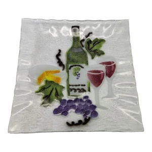 Wine Cheese & Grapes Square 8.25 Inch Fused Art Glass Plate Platter - Picture 1 of 13