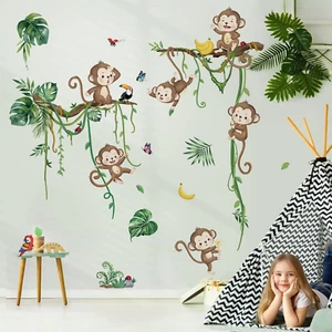 Jungle Monkey Climbing Tree Wall Decals Jungle Animals Vine Leaves Wall Stickers - Picture 1 of 12