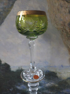 J.Oertel, Welzheim (Haida) Weinglas Kristall 1964, gold/hellgrün Überfang 20cm=h